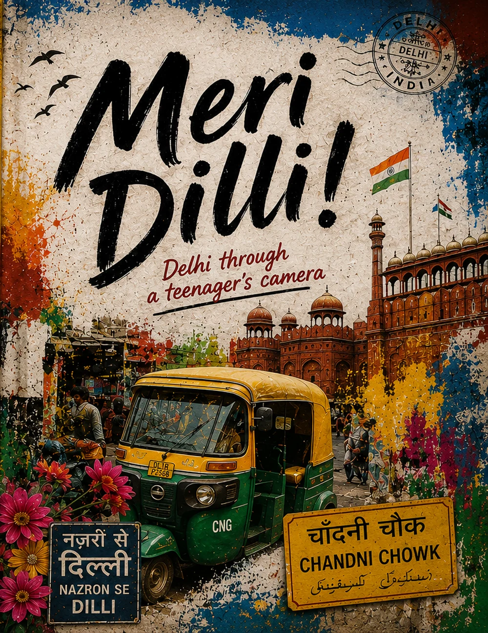 Cover of Meri Dilli!, a photographic record of Delhi — brush-lettered title over a collaged street scene with an auto-rickshaw and the Red Fort.